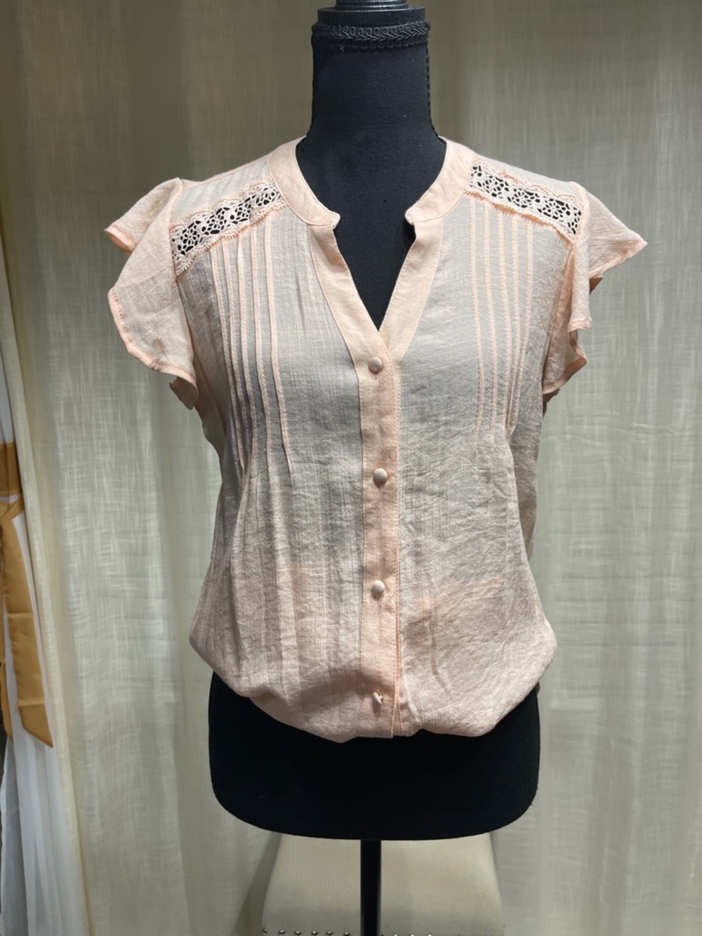 Delicate Peach Pintuck Button-Front Blouse